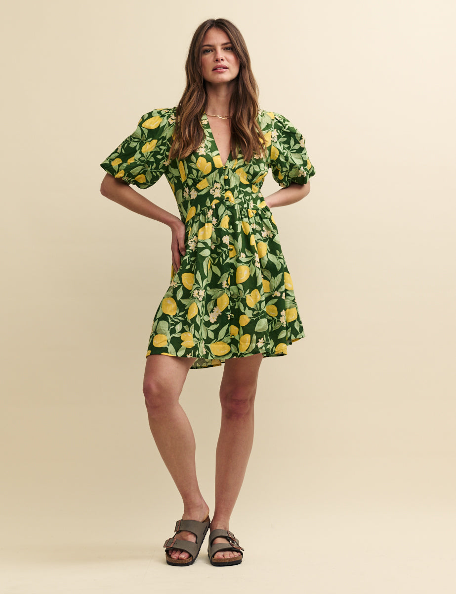 Green Lemon Print Linen-blend Starlight Mini Dress