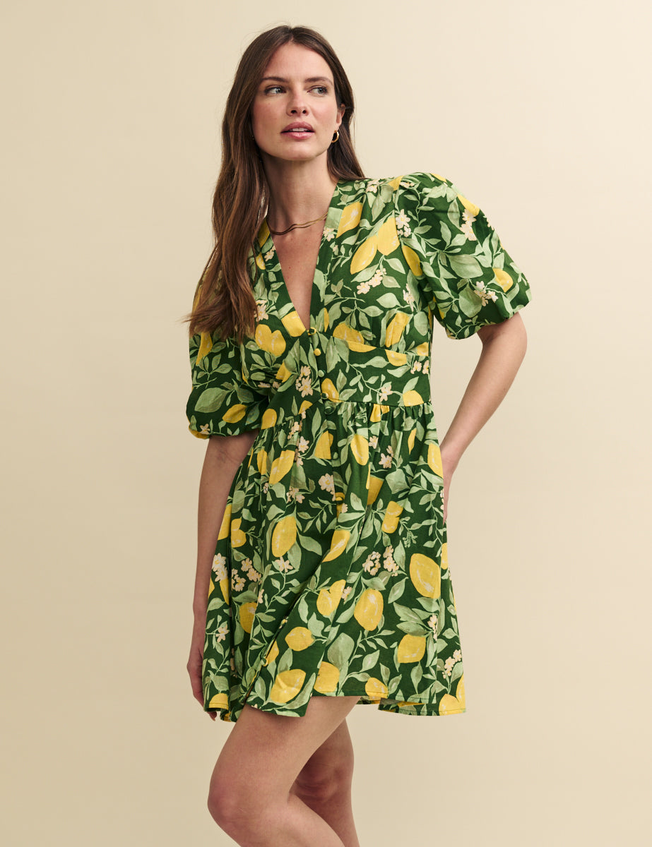 Green Lemon Print Linen-blend Starlight Mini Dress