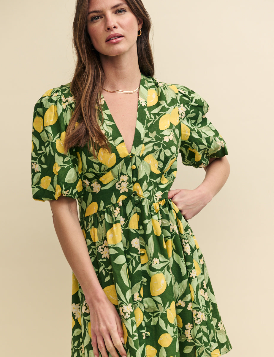 Green Lemon Print Linen-blend Starlight Mini Dress