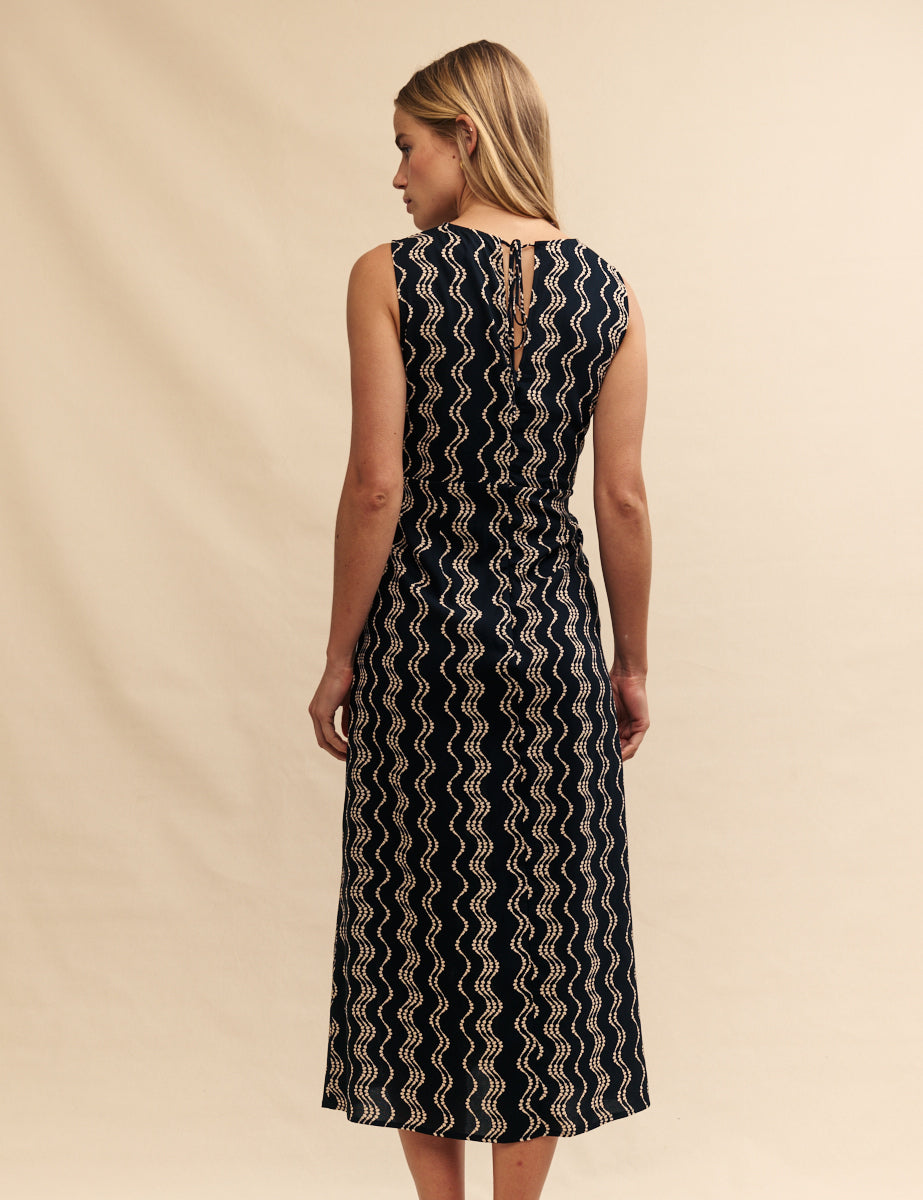 Black Wave Print Devi Midi Dress