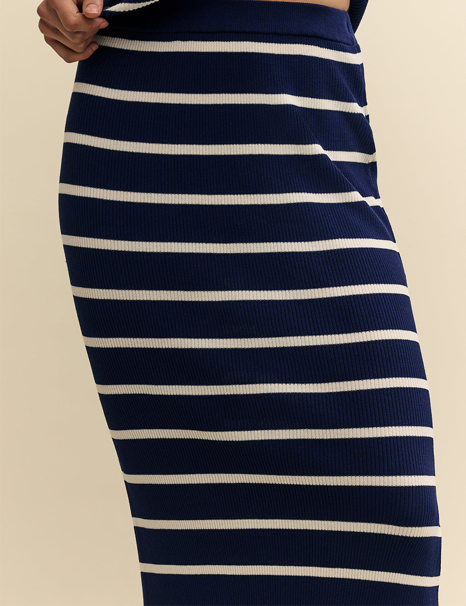 Navy Striped Slit Leg Midi Skirt