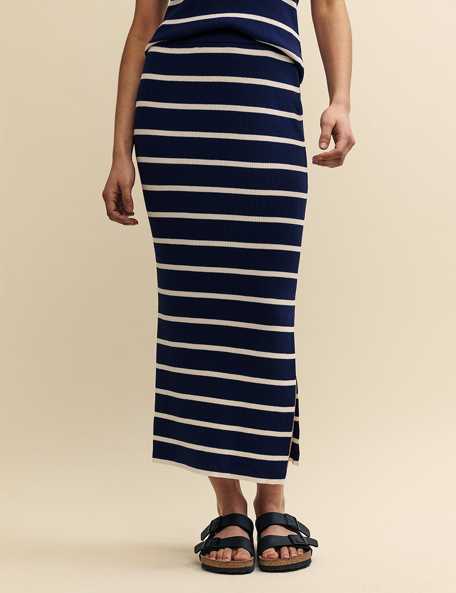 Navy Striped Slit Leg Midi Skirt