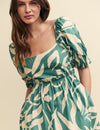 Green Leaf Print Ginger Smock Midi Dress