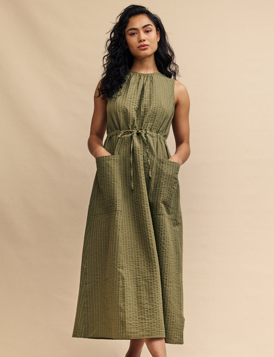 Green Olive Draw String Waist Midi Dress