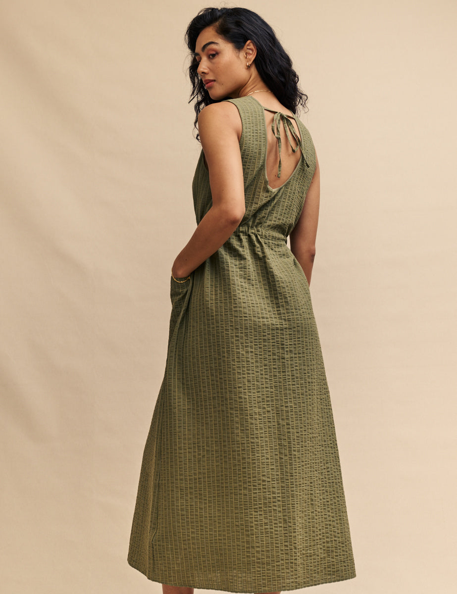 Green Olive Draw String Waist Midi Dress