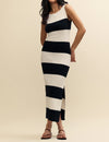 Black and White Wide Stripe Slash Neck Midi Dress