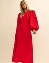 Red Balloon Sleeve Zora Midi Dress