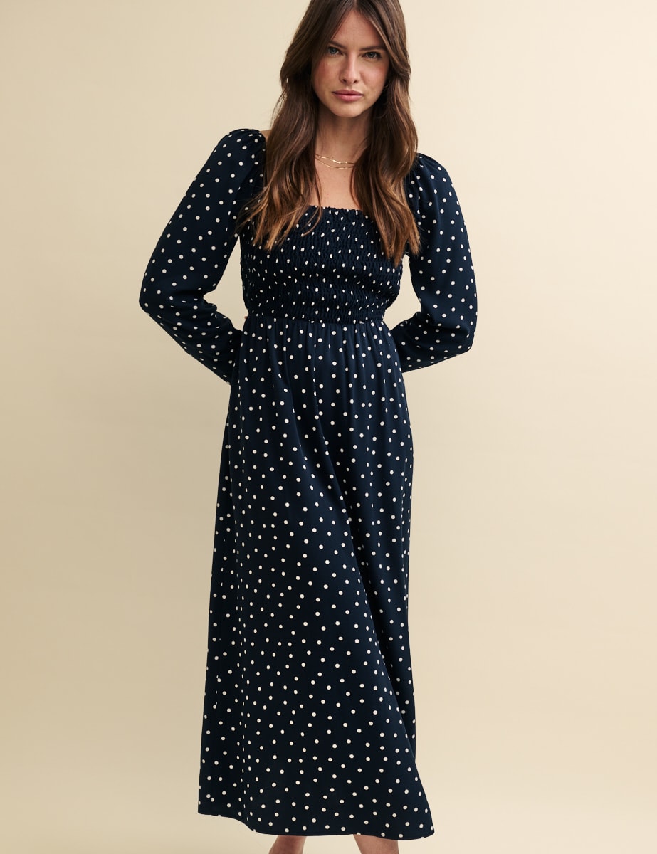 Black Spot Print Shirred Bodice Liberty Midi Dress