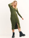 Green Button Through Rib Knit Collared Midi Dress