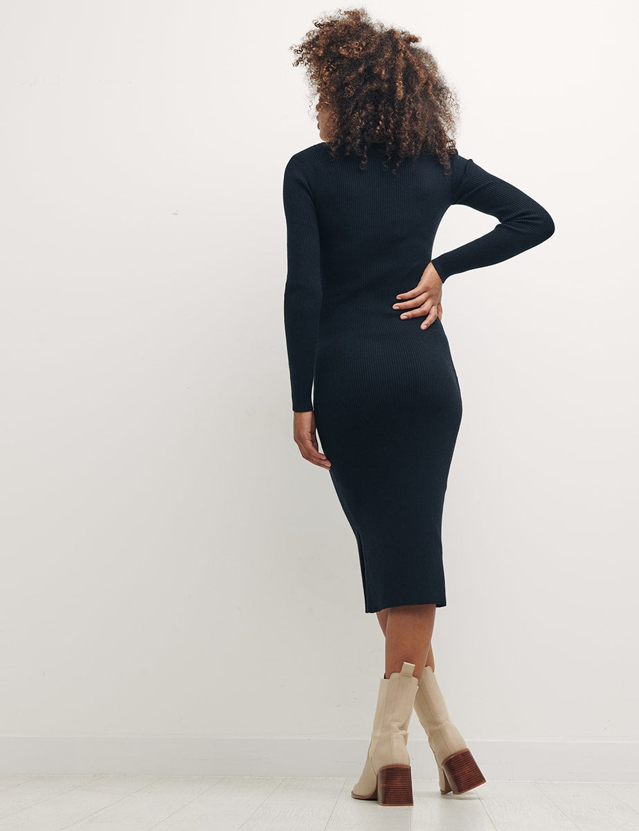 Black Square Neck Rib Knit Midi Dress