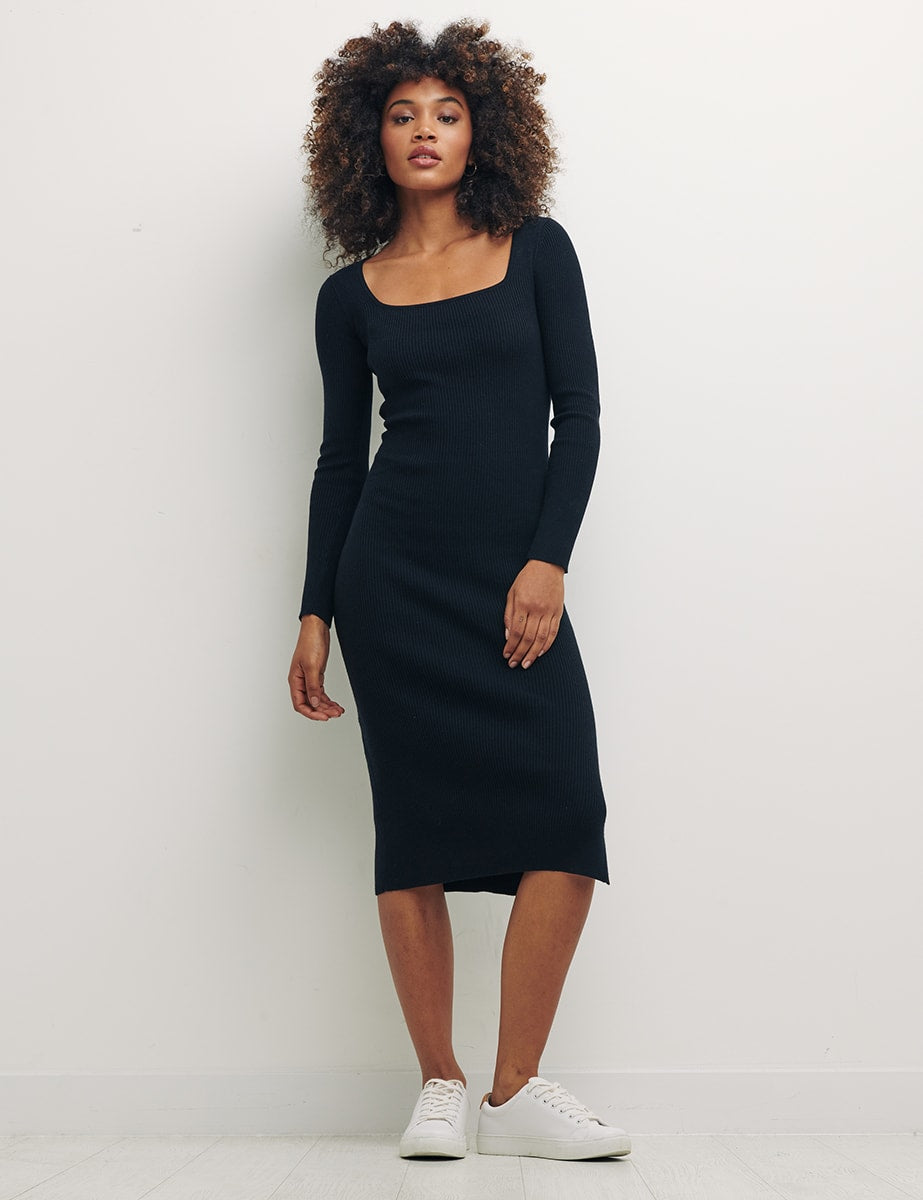 Black Square Neck Rib Knit Midi Dress