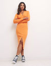 Orange Button Through Ribbed Midi Dress