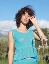 Blue Mock-Crochet Knit Patchwork Vest