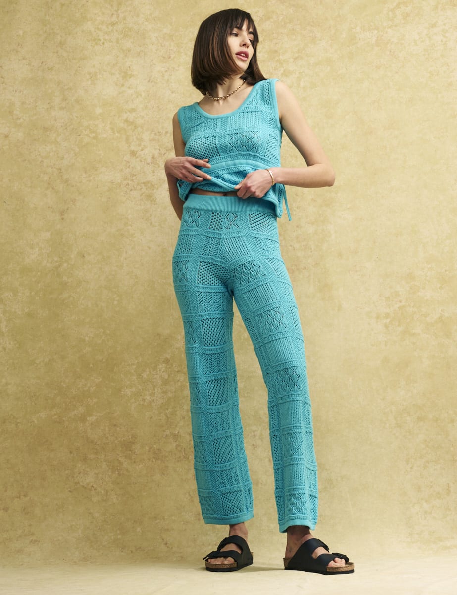 Blue Mock-Crochet Knit Patchwork Trousers