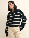 Black Stripe Knitted Half Button Funnel Neck Jumper