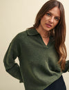 Khaki Green Open Collar Knitted Jumper