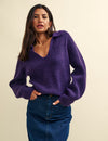 Purple Open Collar Chunky Knitted Jumper