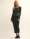 Green Bardot Knitted Midi Dress