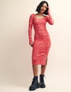 Pink and White Square Neck Knitted Midi Dress