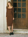 Brown Square Neck Knitted Midi Dress