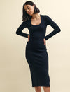 Black Scoop Neck Collar Knitted Midi Dress