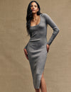 Grey Scoop Neck Collared Knitted Midi Dress