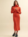 Orange Roll Neck Knitted Midi Dress