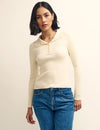 Cream Funnel Neck Button-Up Rib Knitted Top