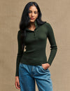 Khaki Green Button-Up Funnel Neck Rib Knit Top