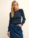 Navy and Green Rib Long Sleeve Knitted Top