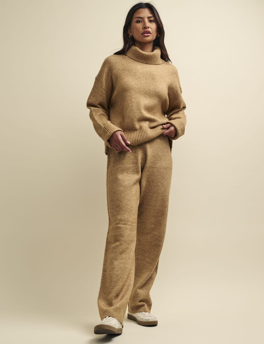 Camel Knitted Wide Leg Trousers