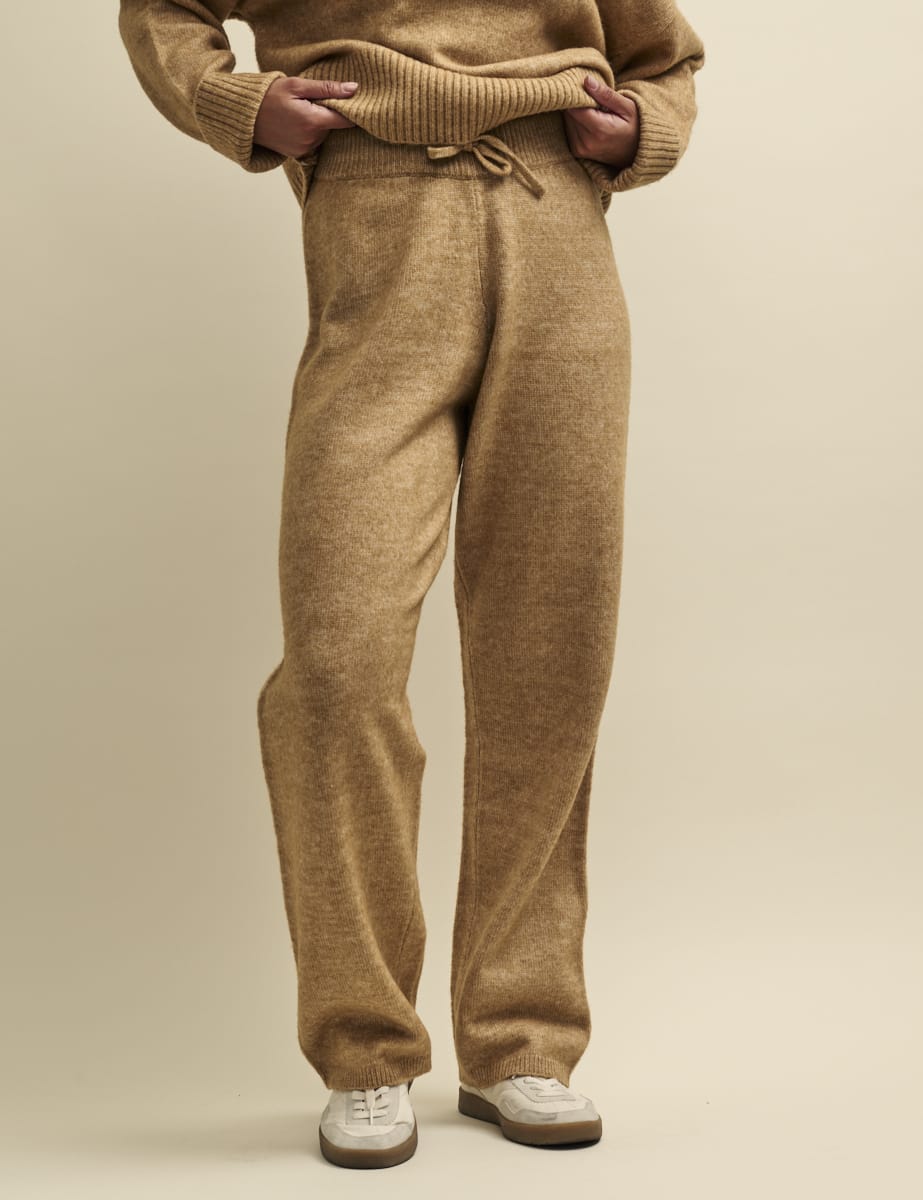 Camel Knitted Wide Leg Trousers