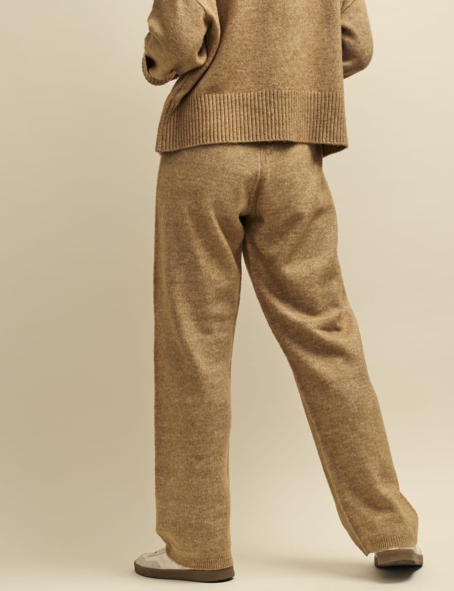 Camel Knitted Wide Leg Trousers