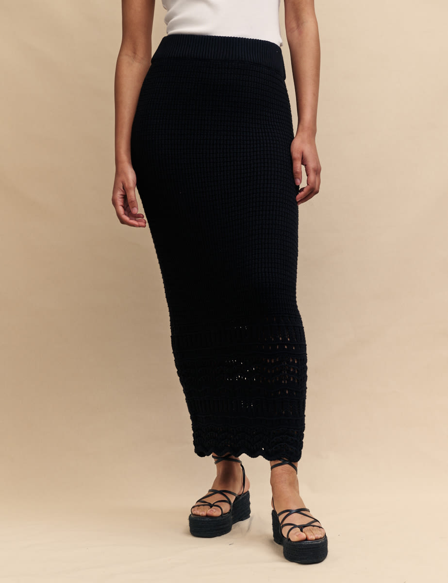 Black Mock-Crochet Midi Skirt