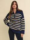 Navy Striped Half Zip Knitted Jumper