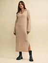 Beige Open Collar Knitted Jumper Midi Dress