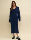 Navy Open Collar Knitted Jumper Midi Dress