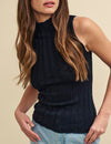 Black Funnel Neck Rib Knitted Sleeveless Top