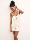 Cream Satin Tie Front Short Pyjama Set