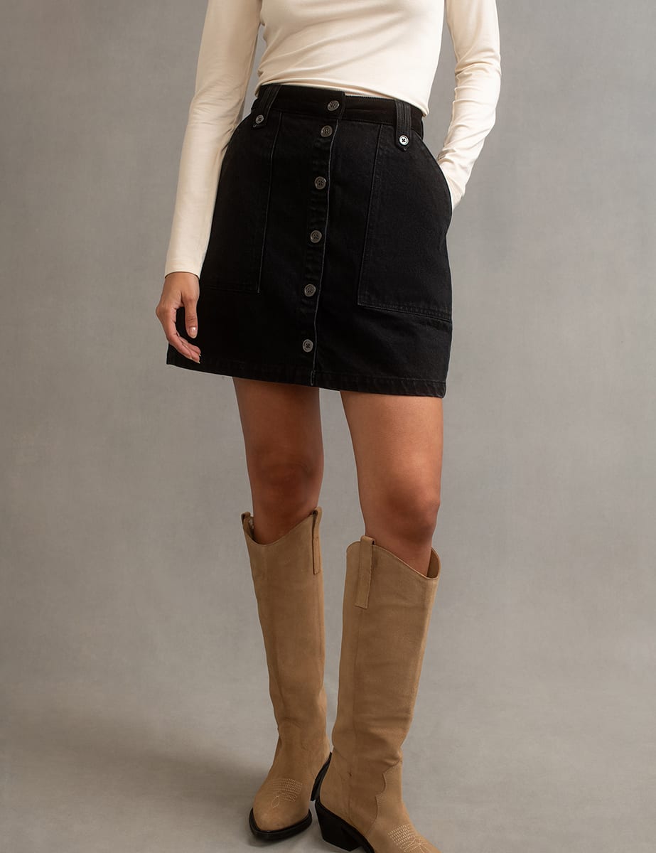 Black denim skirt above knee best sale