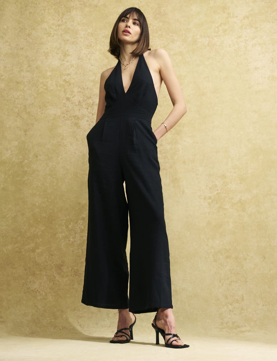 Black halter jumpsuit petite on sale