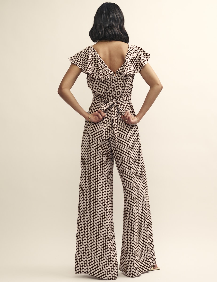 Brown Geo Print Flutter Sleeve Suki Jumpsuit