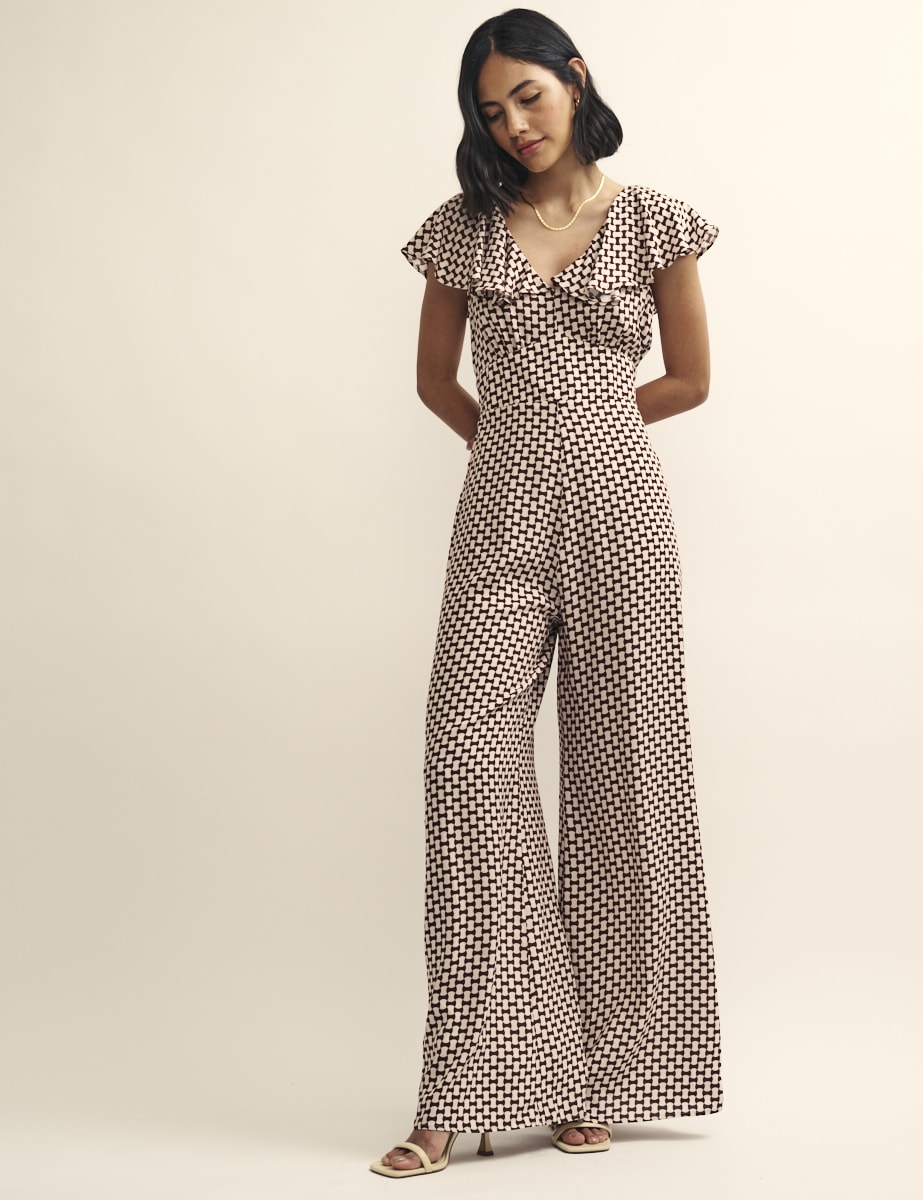 Brown Geo Print Flutter Sleeve Suki Jumpsuit