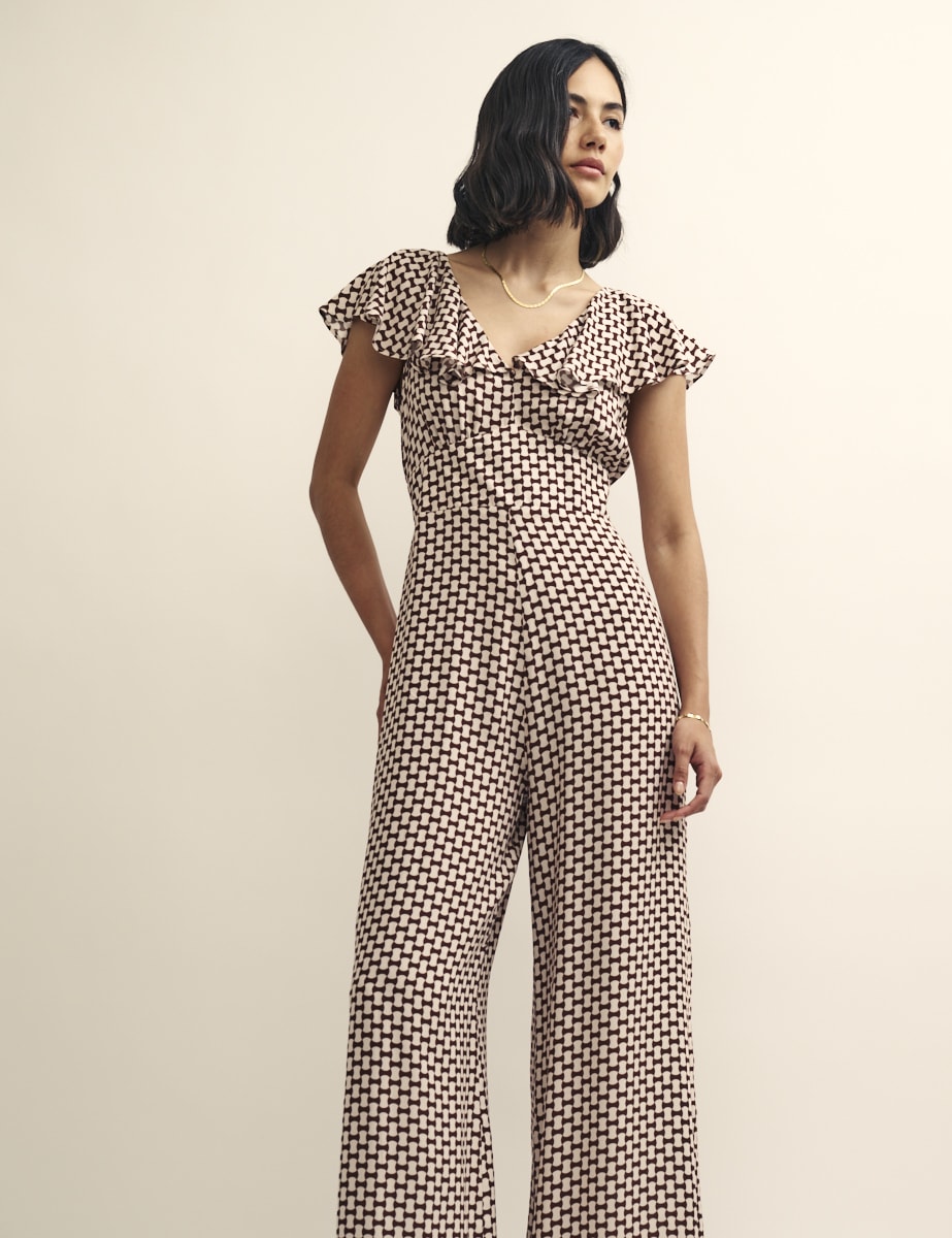 Brown Geo Print Flutter Sleeve Suki Jumpsuit