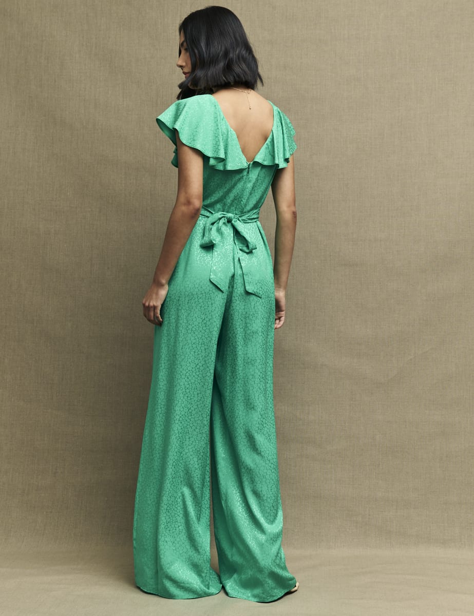 Green Satin Jacquard Flutter Sleeve Suki Jumpsuit