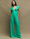 Green Satin Jacquard Flutter Sleeve Suki Jumpsuit