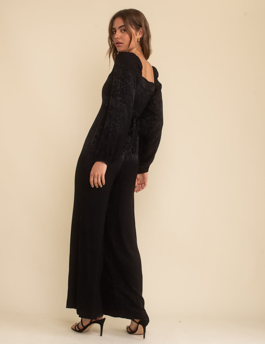 Black Satin Jacquard Balloon Sleeve Jumpsuit