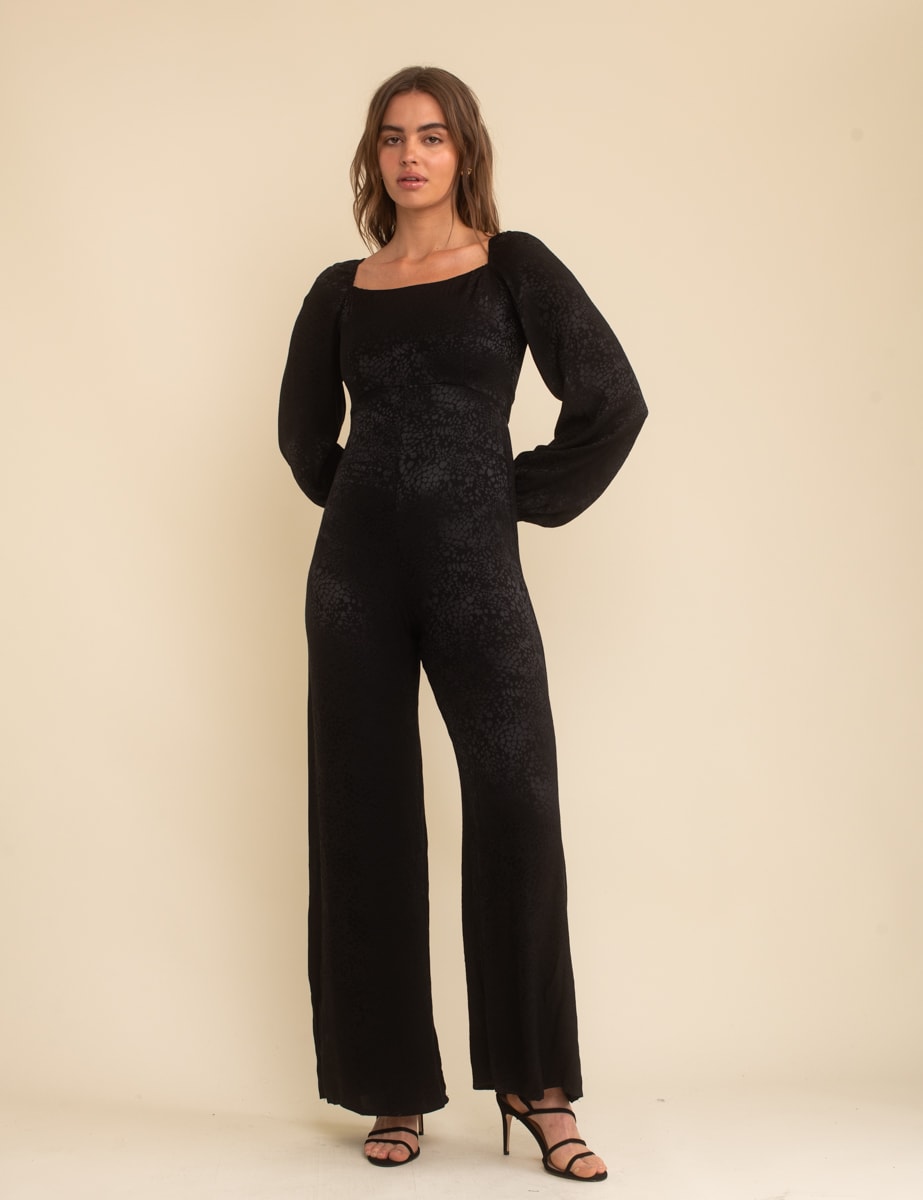 Black Satin Jacquard Balloon Sleeve Jumpsuit