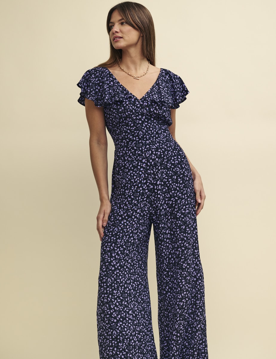 Purple Ditsy Floral Flutter Sleeve Suki Jumpsuit