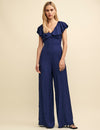 Navy Satin Jacquard Flutter Sleeve Suki Jumpsuit